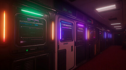 Poster - Retro Cyberpunk Server Room Corridor with Neon Lights Futuristic Technology and Dark Atmosphere