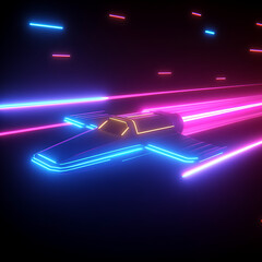 Poster - Retro Spaceship Flying Through Cyberpunk Neon Light Streaks in the Dark Futuristic Sky View