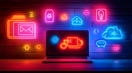 Poster - Digital Futuristic Workspace Concept with Neon Icons and Laptop High-Tech Environment Creative Viewpoint