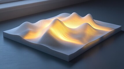 Illuminated 3D landscape model, glowing lines, dark background, interior design