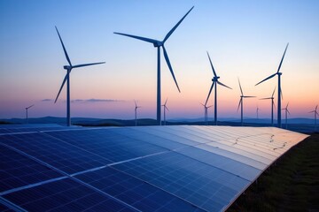 Sunset wind turbines & solar farm. Renewable energy landscape