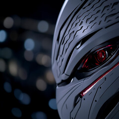 Poster - Robotic Visage Staring with Crimson Eye Close Up Futuristic Design and Artificial Intelligence Look