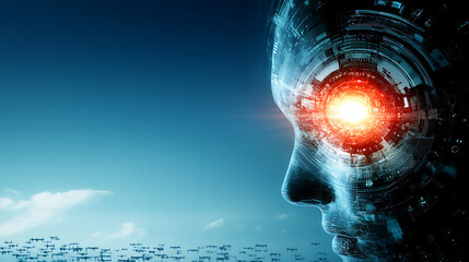 Poster - Robotic Sentience Evolution Under a Blue Sky with Drone Swarms Forming a Futuristic Vision
