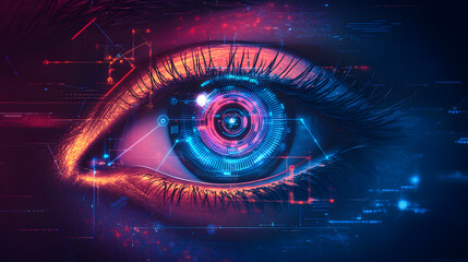 Poster - Futuristic Eye Technology Experiment Digital Realm Graphic Art Virtual Environment Close-up Viewpoint High-Tech Concept