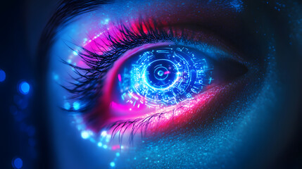 Poster - Futuristic Digital Eye Technology Virtual Reality Lab High-Tech Visualization Modern Environment Close-up Perspective Innovation Concept