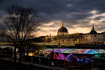 Wall Mural - The banks of the Rhône in Lyon (France) at sunset