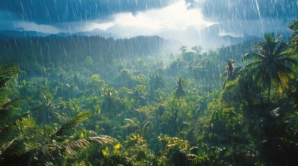 Wall Mural - Rain pours over a lush rainforest landscape under dark storm clouds