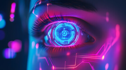 Poster - Futuristic Digital Eye Technology Urban Environment Visual Art High-Tech Concept Close-Up Perspective Modern Aesthetics