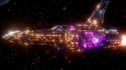 Poster - Sci Fi Battleship Shining in the Infinite Expanse of Deep Space Against a Backdrop of Distant Stars