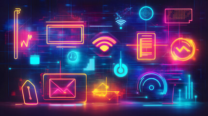 Poster - Digital Futuristic Visualization of High-Tech Concepts in a Modern Workspace Colorful Neon Elements Abstract Design