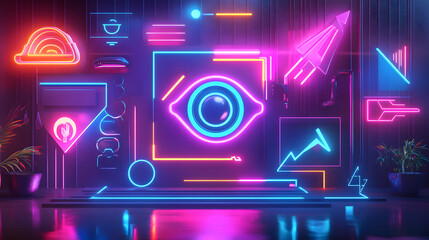 Poster - Futuristic Digital Art Installation Urban Gallery Visual Media Neon Environment Artistic Perspective High-Tech Concept