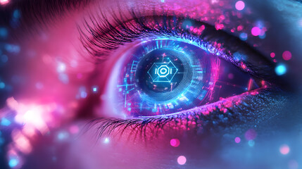 Poster - Futuristic Digital Eye Technology High-Tech Environment Visual Art Sci-Fi Concept Close-Up Perspective for Modern Innovation