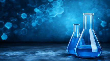 Poster - Science Lab Equipment Beakers and Flasks With Blue Fluid Abstract Background Conceptual Research