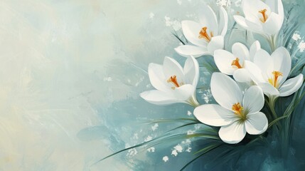 Canvas Print - White crocus flowers blooming on a soft, bright background symbolizing spring renewal.