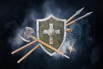 Wall Mural - set of knight's weapon on abstract blue background