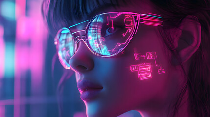 Poster - Futuristic Digital Vision Urban Setting High-Tech Portrait Neon Environment Close-Up View Innovation Concept