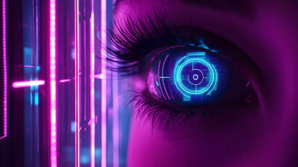 Poster - Futuristic Digital Eye Concept High-Tech Environment Visual Art Urban Setting Close-Up View Modern Technology Exploration