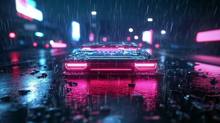 Poster - Vibrant neon cityscape at night, glowing billboards and streetlights casting bold reflections on wet pavement, futuristic cyberpunk atmosphere, high contrast and saturated colors, immersive urban