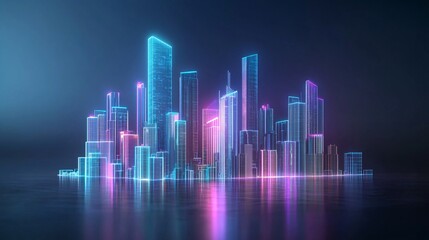 Poster - Futuristic city skyline at sunset, skyscrapers glowing in neon purples, blues, and oranges, bold sci-fi atmosphere, cinematic lighting, high-energy metropolis vibe