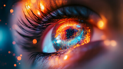 Poster - Futuristic Digital Eye Concept Showcasing High-Tech Innovation Urban Setting Graphic Artwork Close-up Perspective Visual Technology