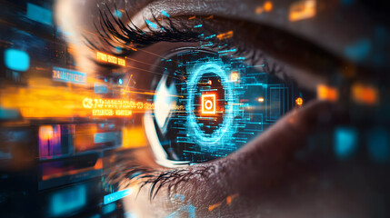 Poster - Futuristic Digital Eye Technology Urban Environment Visual Art High-Tech Innovation Close-Up Perspective Digital Futurism