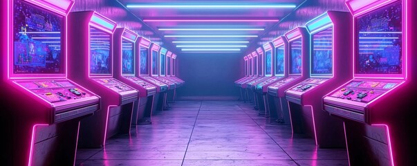 Wall Mural - Retro 80s-inspired arcade with neon pink and cyan lights, glowing game machines, classic pixel art aesthetic, nostalgic synthwave atmosphere, immersive environment