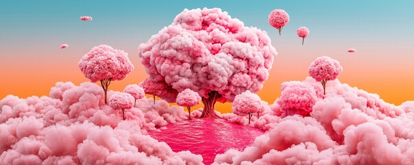 Poster - A surreal dreamscape with a glowing pink ocean, floating islands, sky painted in deep oranges and blues, visually intense and fantastical scenery