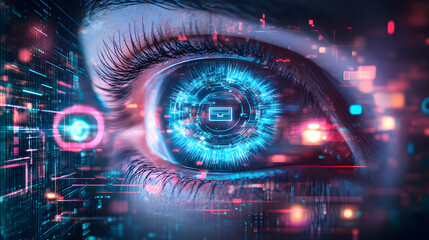Poster - Futuristic Eye Technology Concept Digital World High-Tech Imagery Virtual Environment Close-Up View Modern Innovation