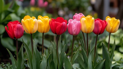 Wall Mural - Colorful tulips bloom in a garden setting during springtime in soft evening light