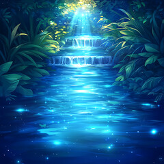 Wall Mural - Serene Waterfall Oasis in Verdant Jungle with Sunbeams and Sparkling Waterscape Illustration