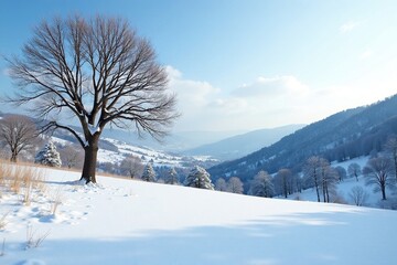 snowy landscape with bare trees and distant hills, serene, winter, empty
