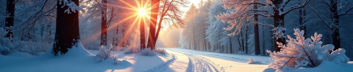 Wall Mural - Dappled sunlight filters through snow-covered trees, nature, scene, sun