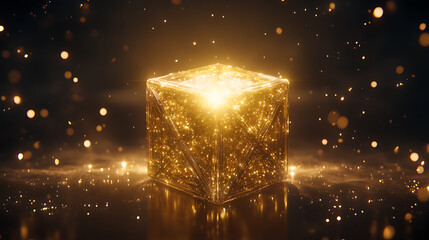 Poster - Shining Golden Cube of Light Emitting Brilliant Particles Mystery and Wonder Glowing with Warmth