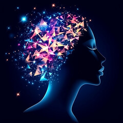 Poster - Silhouette of Woman with Triangular Fragments Bursting from Mind Symbolizing Ideas and Creativity