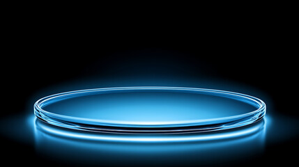 Poster - Sleek and Minimalist Glass Display Stand Illuminated with Neon Blue Accent Light Backdrop in Dark Studio
