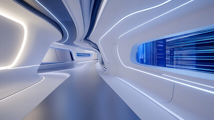 Poster - Sleek Futuristic Interior Corridor with Blue Accent Lighting and Modern Design Elements for Innovation
