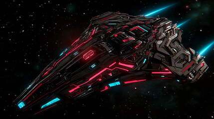Poster - Sleek Spaceship Cruising Through Nebula in Deep Space with Red and Blue Neon Glow Sci Fi Aesthetics