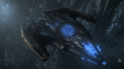 Poster - Sleek Starship Flying in Deep Space Science Fiction Exploration Adventure With Cosmic Backdrop