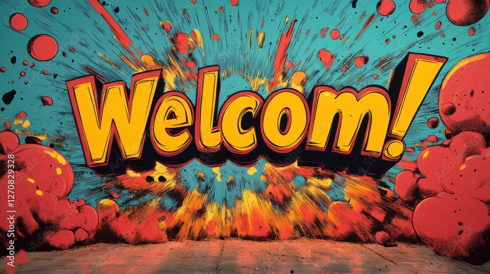 Bright and colorful welcome sign bursting with excitement in a lively ...