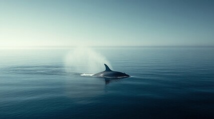 whale spouts water in calm ocean under a clear blue sky with clouds in the background
