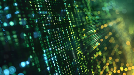 Poster - Abstract digital data visualization with binary code and glowing particles in a futuristic setting