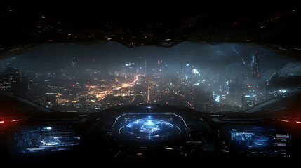 Poster - Spaceship Cockpit Overlooking Futuristic Cityscape at Night with Holographic Displays and Advanced Technology