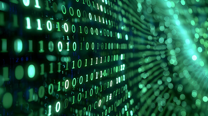 Poster - Abstract representation of binary code flowing in a digital landscape with green hues and blurred lights
