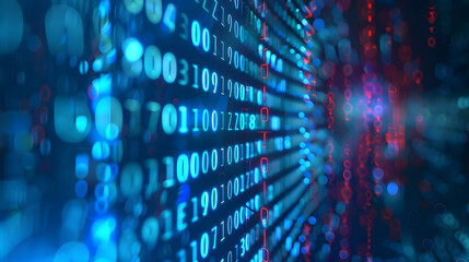 Poster - Abstract digital data stream with binary code and colorful light patterns in a futuristic setting