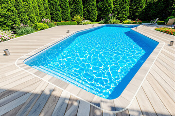 Aufkleber - Beautiful outdoor swimming pool with wooden deck and landscaped garden.