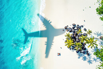 Aufkleber - Aerial view of airplane shadow over tropical beach with palm trees and turquoise water.