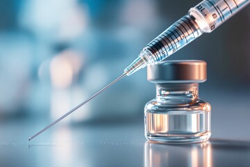 Poster - Syringe with vial on a blurred blue background, showcasing a medical concept.