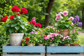 Poster - Colorful flowers in pots on rustic wooden stand in garden setting.