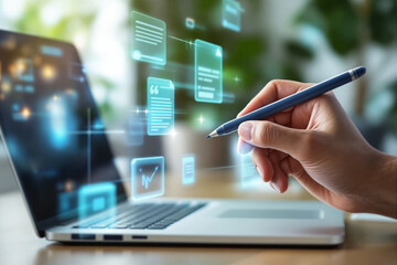 Poster - Hand using stylus near laptop with holographic icons on abstract background.