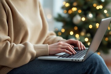 Poster - Close-up of hands typing on laptop with blurred Christmas tree lights in background.